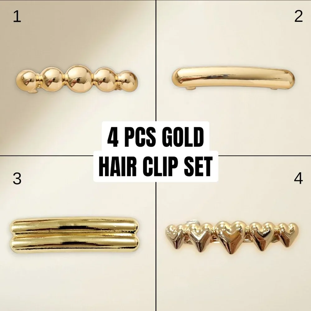 4 PCS Gold Barrette Set Minimalist Metal Hair Clips Beaded Heart Hair Accessorie